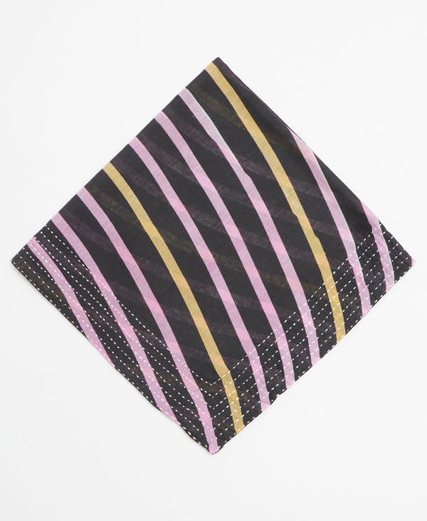 Black bandana with a purple and yellow striped pattern and white kantha stitching