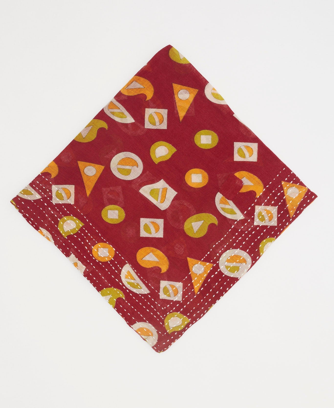 red artisan made cotton bandana featuring white kantha stitching 