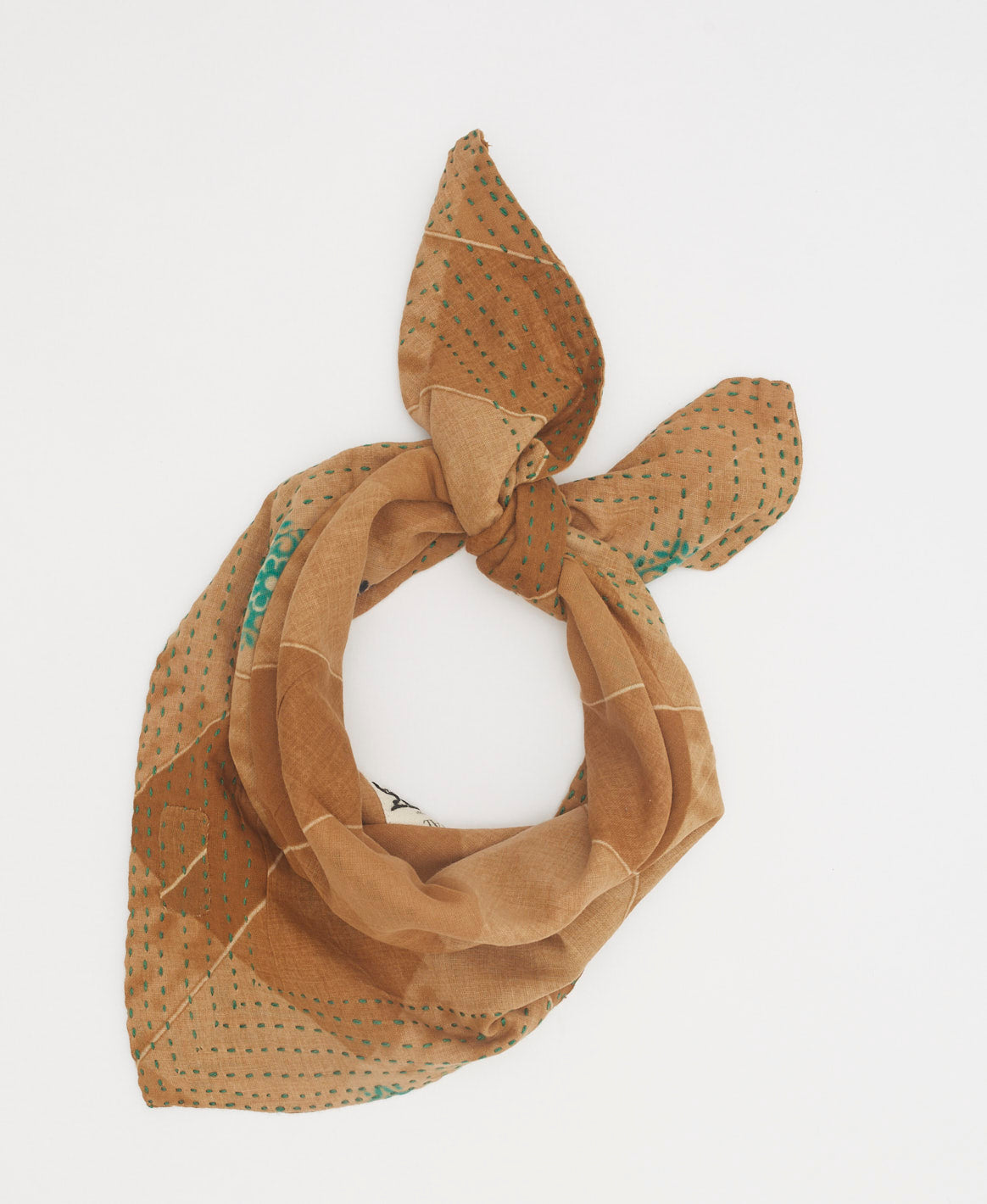 Brown and teal artisan made bandana featuring traditional kantha stitching 