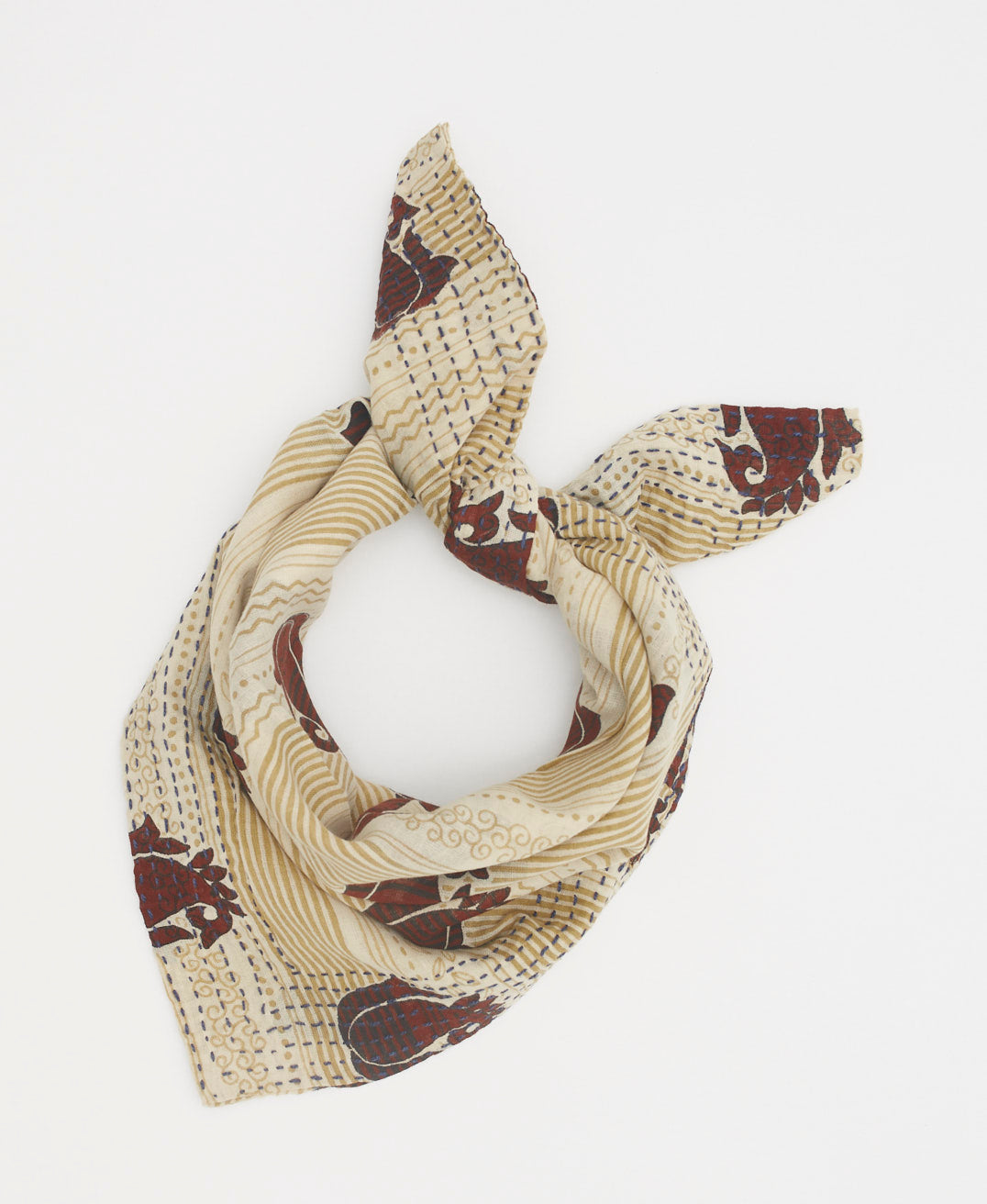 Artisan made beige and burgundy print bandana featuring traditional kantha stitching 