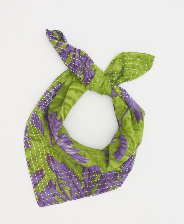 Green cotton bandana with purple flowers and white traditional knatha stitching 