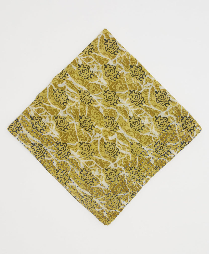 green and yellow one-of-a-kind handmade bandana with blue kantha stitching