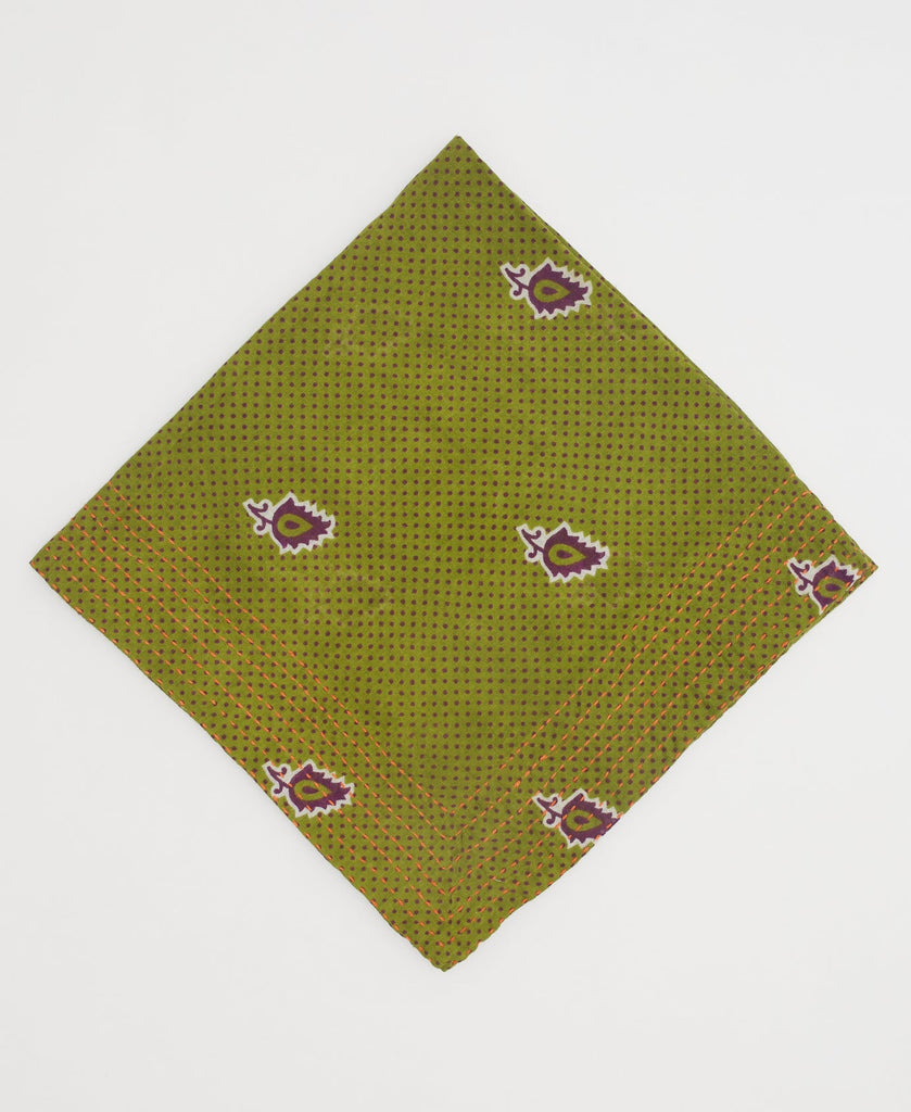 green bandana with purple flowers, polka dots, and orange kantha stitching 