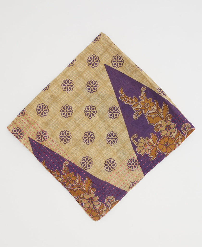 beige and purple floral bandana with traditional red kantha stitching 