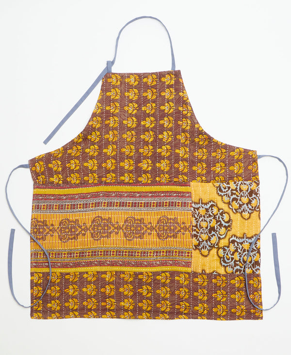 Artisan-made apron created using upcycled vintage fabrics featuring kantha stitiching 