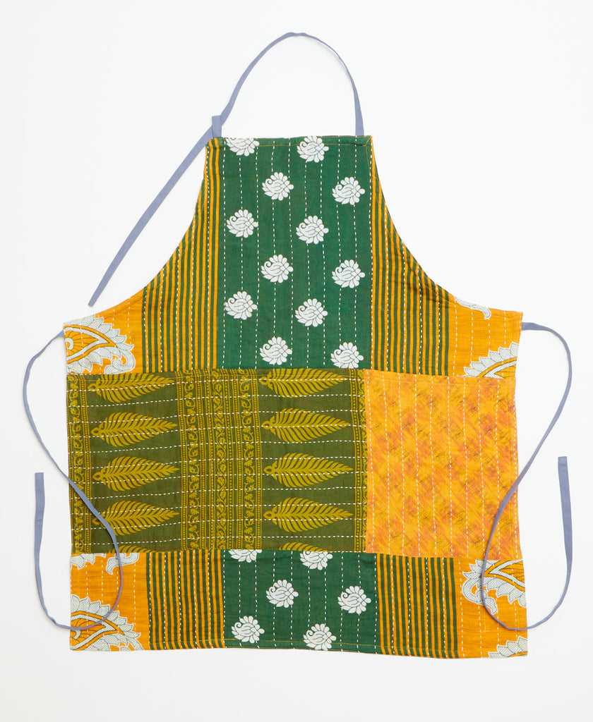 Green and yellow artisan-made apron created using upcycled vintage fabrics 