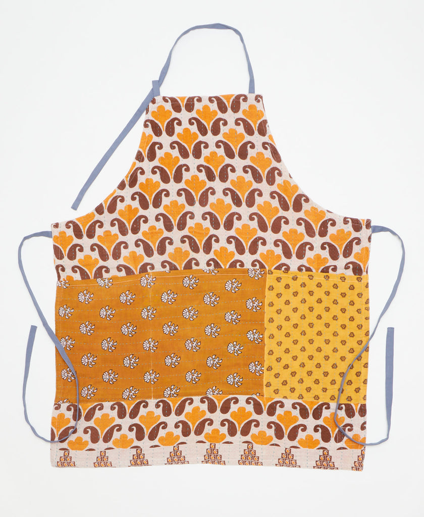 Artisan-made apron created with upcycled vintage saris featuring kantha stitching 