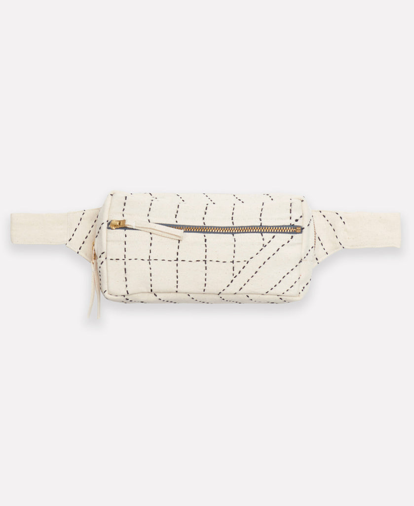 bone ivory organic cotton kantha crossbody belt bag with hand-embroidery by Anchal Project