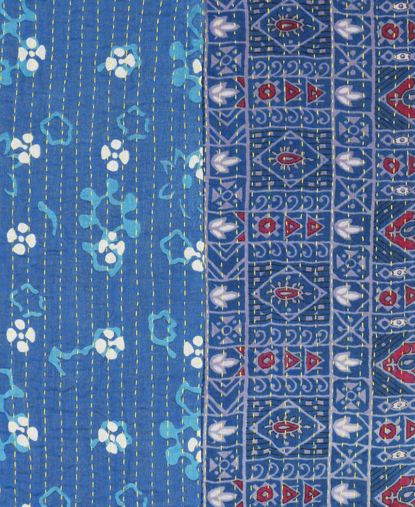 Blue patterned cotton Kantha scarf that has traditional patterning 