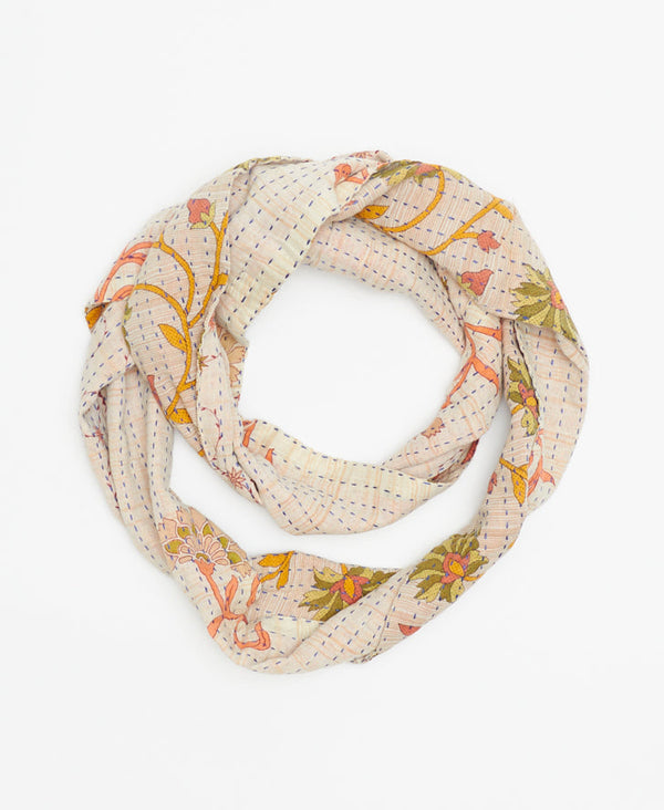 delicately patterned, hand-crafted, cotton infinity scarf made of recycled vintage saris by a woman artisan in India who is paid a fair wage