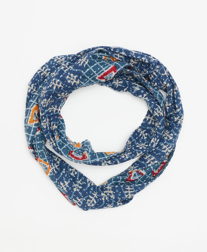 ocean blue cotton infinity scarf made of recycled vintage saris hand-stitched by fair-wage women artisans in Ajmer, India