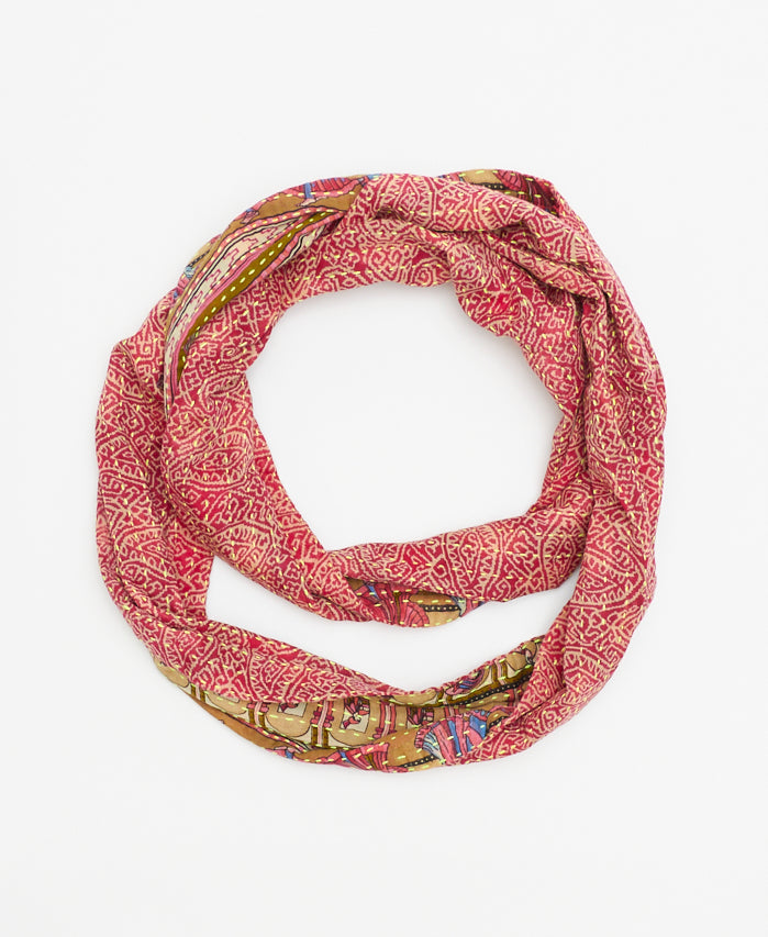 red fair-trade infinity scarf made from upcycled vintage saris by women artisans in Ajmer, India