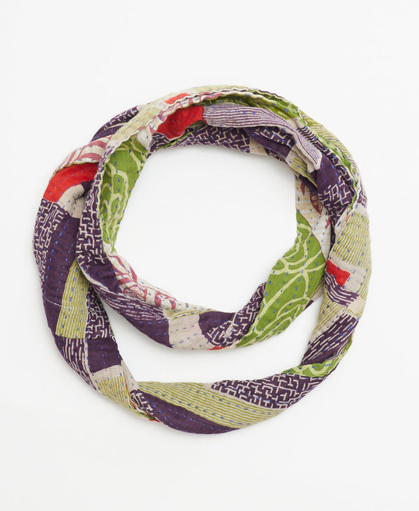 soft cotton infinity scarf handmade by women artisans in Ajmer, India using upcycled vintage sari fabric 