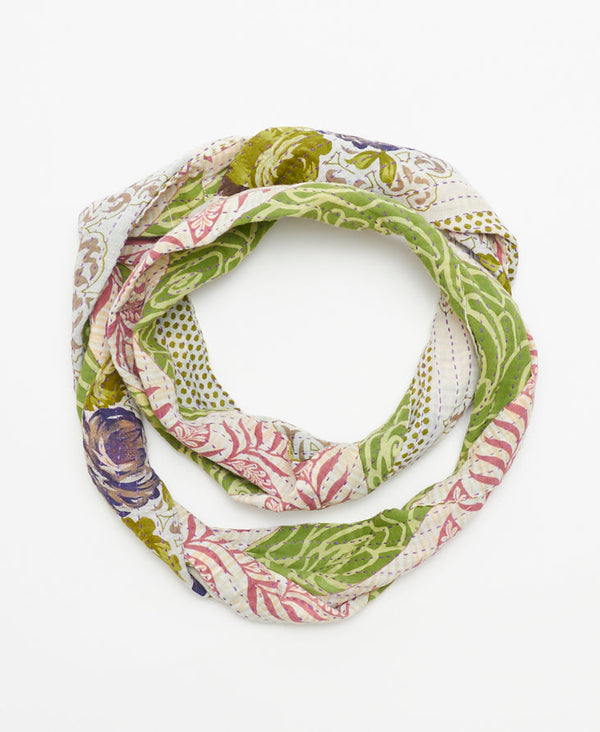 trendy infinity scarf handmade in Ajmer, India by women artisans using the softest upcycled vintage cotton sari fabric