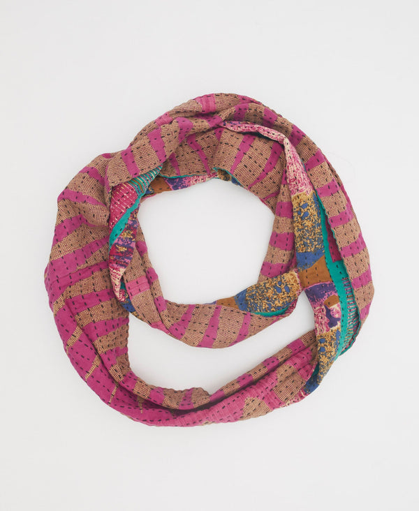 Traditional pink, blue, and brown kantha stitched cotton scarf