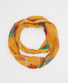 Mustard yellow soft cotton infinity scarf with red and green flowers and elephants