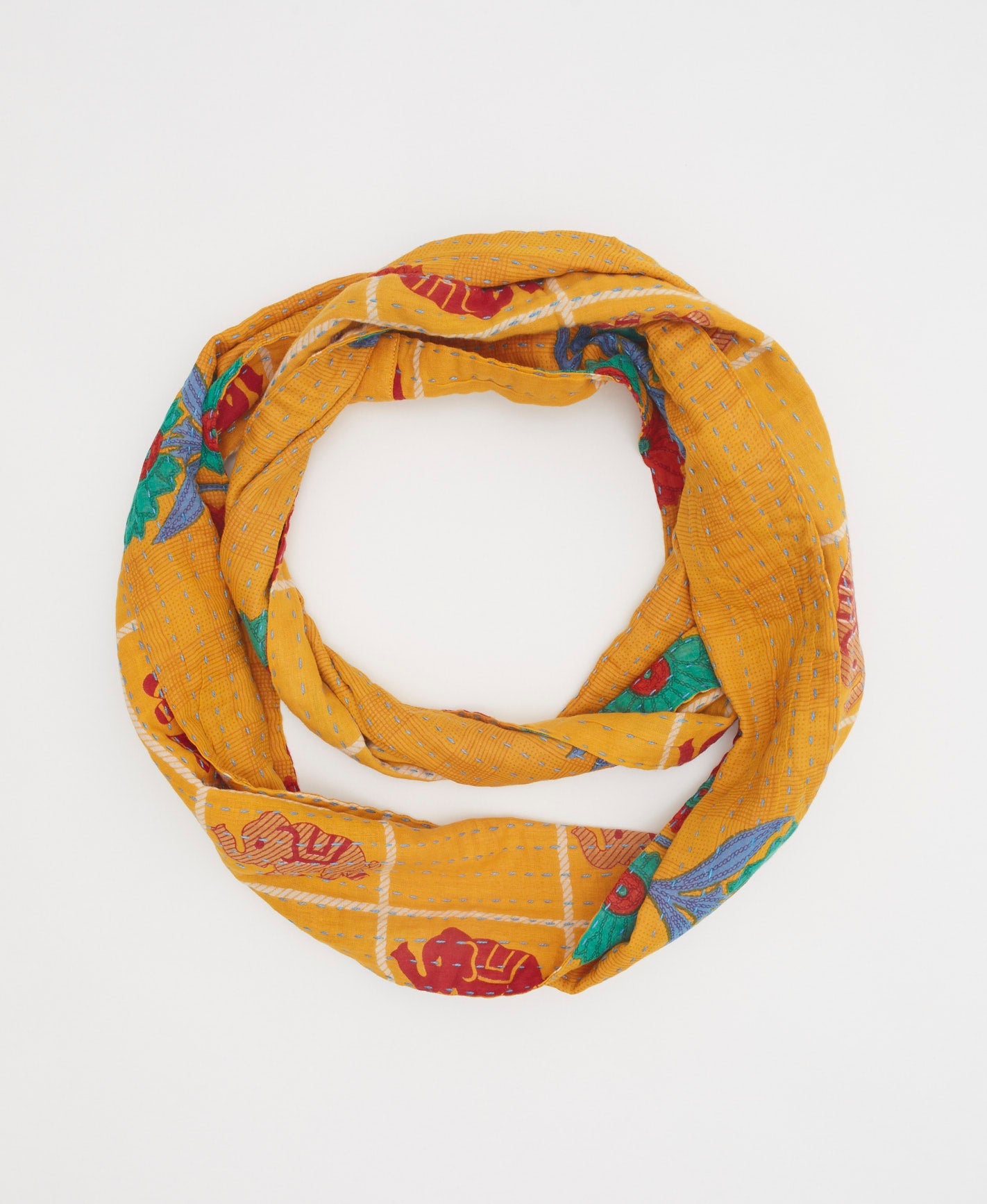 Mustard yellow soft cotton infinity scarf with red and green flowers and elephants