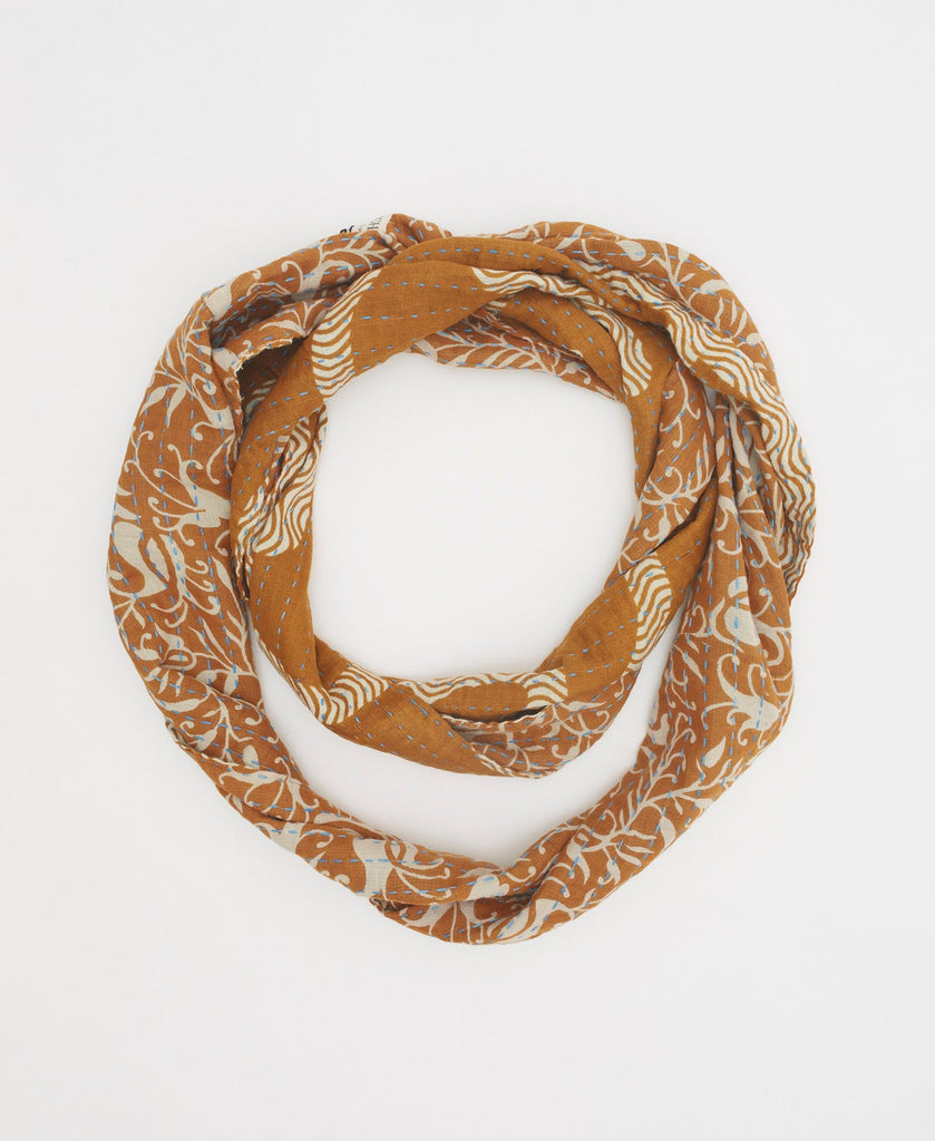 Brown and white traditional cotton infinity scarf with blue kantha stitching