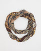 Dark brown cotton infinity scarf with paisley and floral details and blue kantha stitching