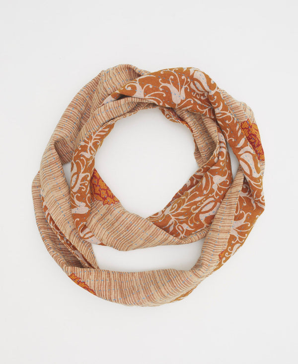beige and orange traditional cotton infinity scarf with contrasting blue kantha stitching