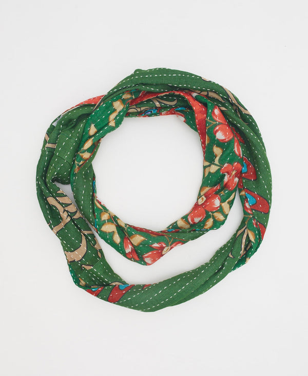 festive green cotton infinity scarf with red floral details