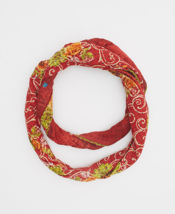 red soft cotton infinity scarf sustainably handmade by women artisans in Ajmer, India