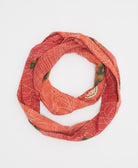 coral cotton infinity scarf with green floral details and traditional kantha stitching