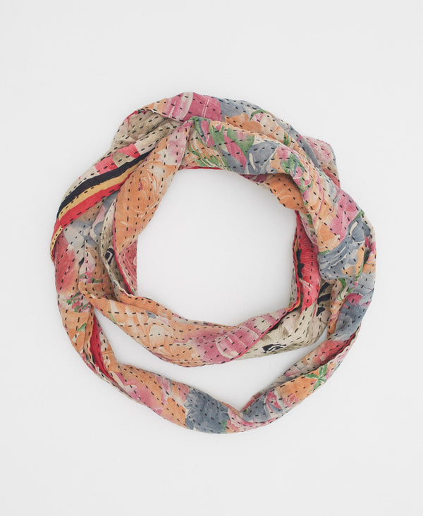 pastel colored infinity scarf with black kantha stitching