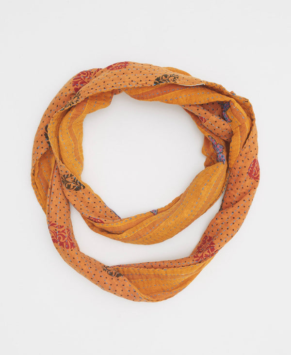 ethically made orange cotton infinity scarf handmade by women artisans using recycled vintage cotton saris