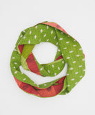 green and red cotton infinity scarf with blue kantha stitching