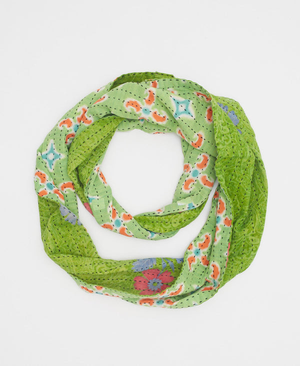 neon green soft cotton infinity scarf with orange ad blue paisley details