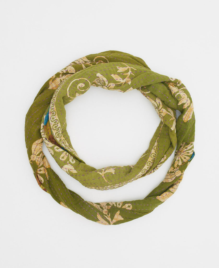 olive green soft cotton infinirt scarf with beige swirling accents and purple traditional kantha stitching 