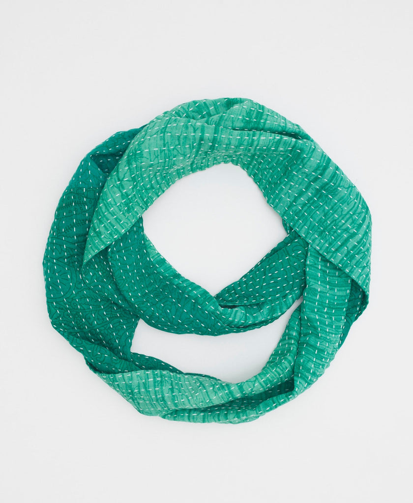teal soft cotton infinity scarf with white traditional kantha stitching and dainty floral accents