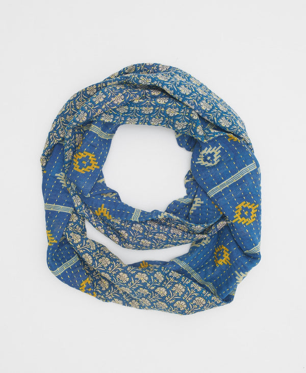 ultramarine blue soft cotton infinity scarf with white and yellow floral patterning