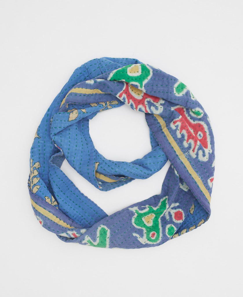 rich blue eco-friendly soft cotton infinity scarf with yellow flowers, green birds, and red elephants