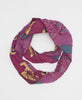 purple infinity scarf with blue and yellow floral patterning