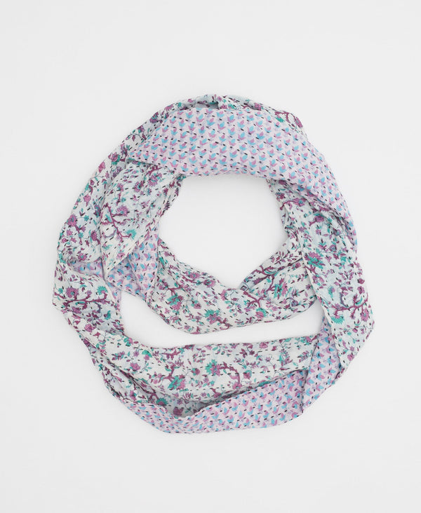 white cotton infinity scarf with dainty teal and purple floral details