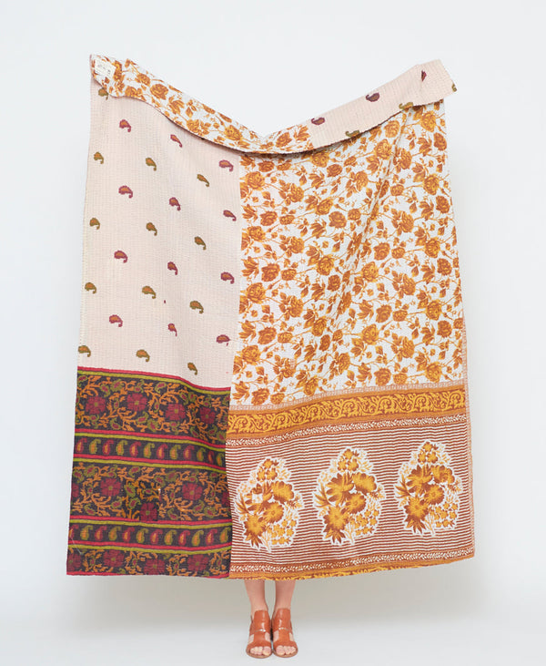 bright orange rose floral kantha quilt throw by Anchal Project
