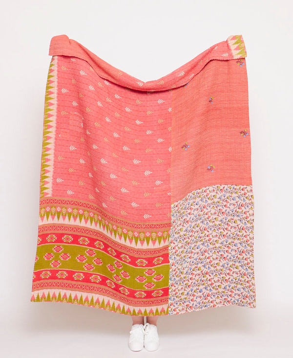 Handcrafted large throw quilt created using upcycled vintage saris 