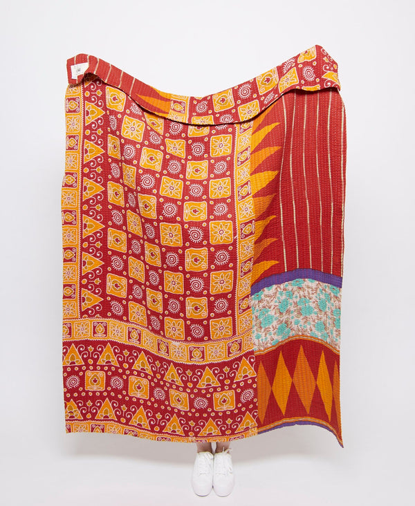 red geometric artisan made kantha quilt throw  