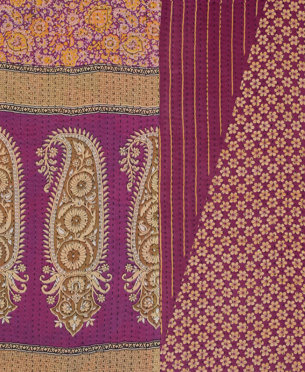 purple paisley Kantha quilt throw made of recycled vintage saris
