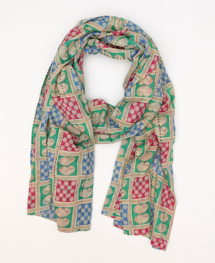 Tan, green, red, and blue traditionally patterned cotton straight scarf 