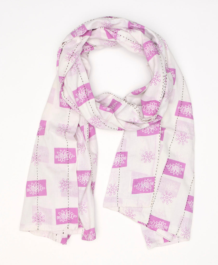 Baby pink and white printed Kantha scarf that features a floral and leaf pattern throughout 
