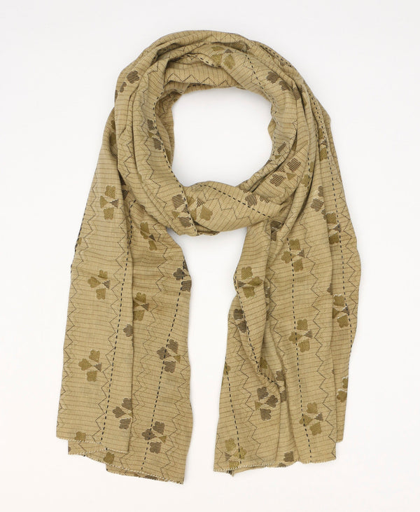 Traditional tan and beige printed scarf that was made from repurposed and recycled cotton