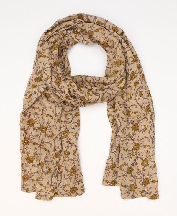 Light tan and paisley printed cotton oversized scarf that was handmade by artisans in India