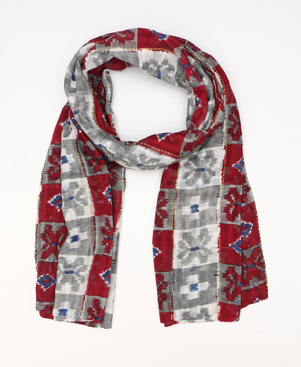 Traditional color blocked Kantha scarf that is made from recycled cotton and is oversized 