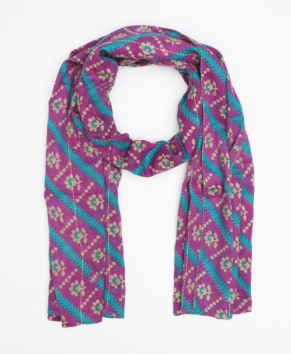 Purple, teal, and yellow printed large cotton scarf that is eco friendly and ethical