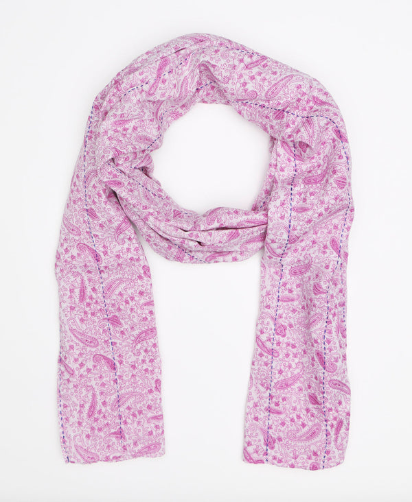 Light pink and white paisley printed cotton long scarf 