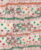 Red, green, and orange patterned long straight scarf that features different geometric patterns 