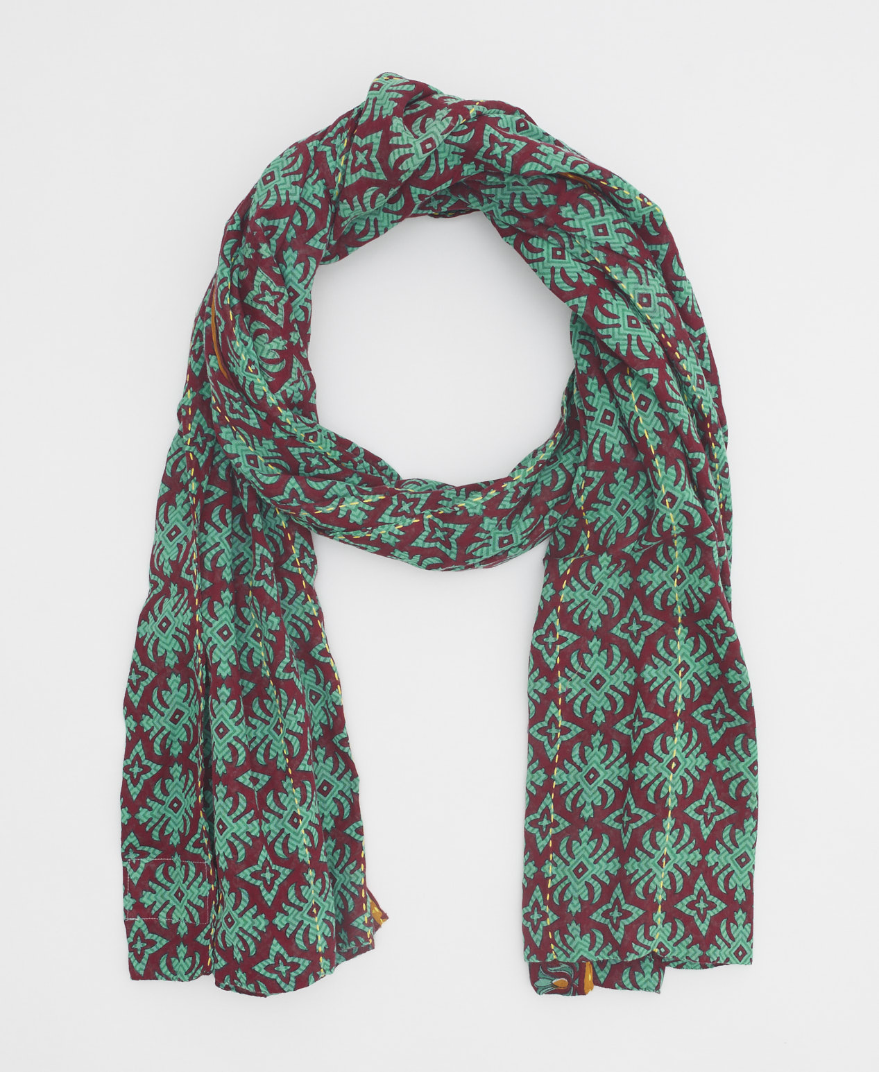 Burgundy and teal eco friendly Stright scarf  featuring traditional kantha stitching 